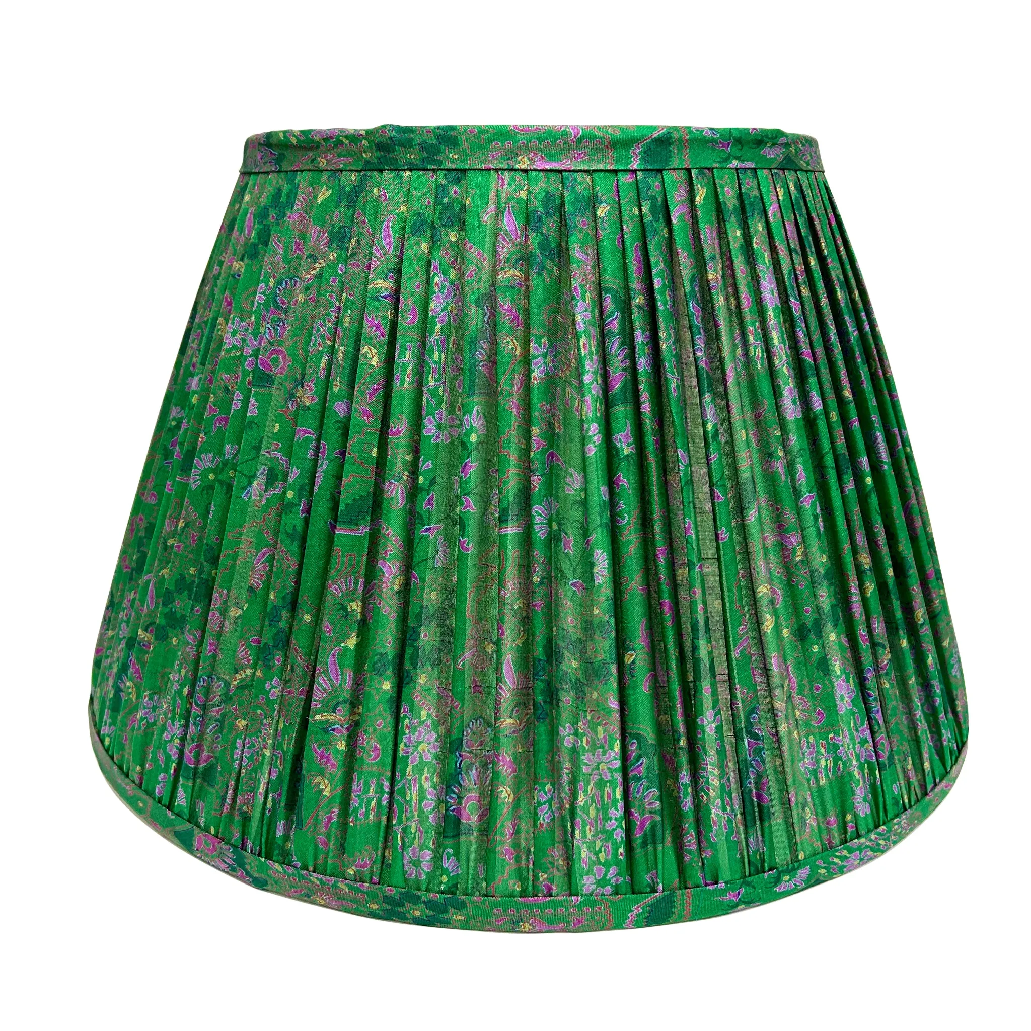 16" Silk Sari Lampshade - Emerald and Fuchsia Geometric Botanical