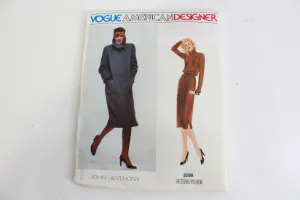 1980s Vogue American Designer Sewing Pattern 2288, John Anthony, Women's Coat and Dress, Size 8, UNCUT, Complete