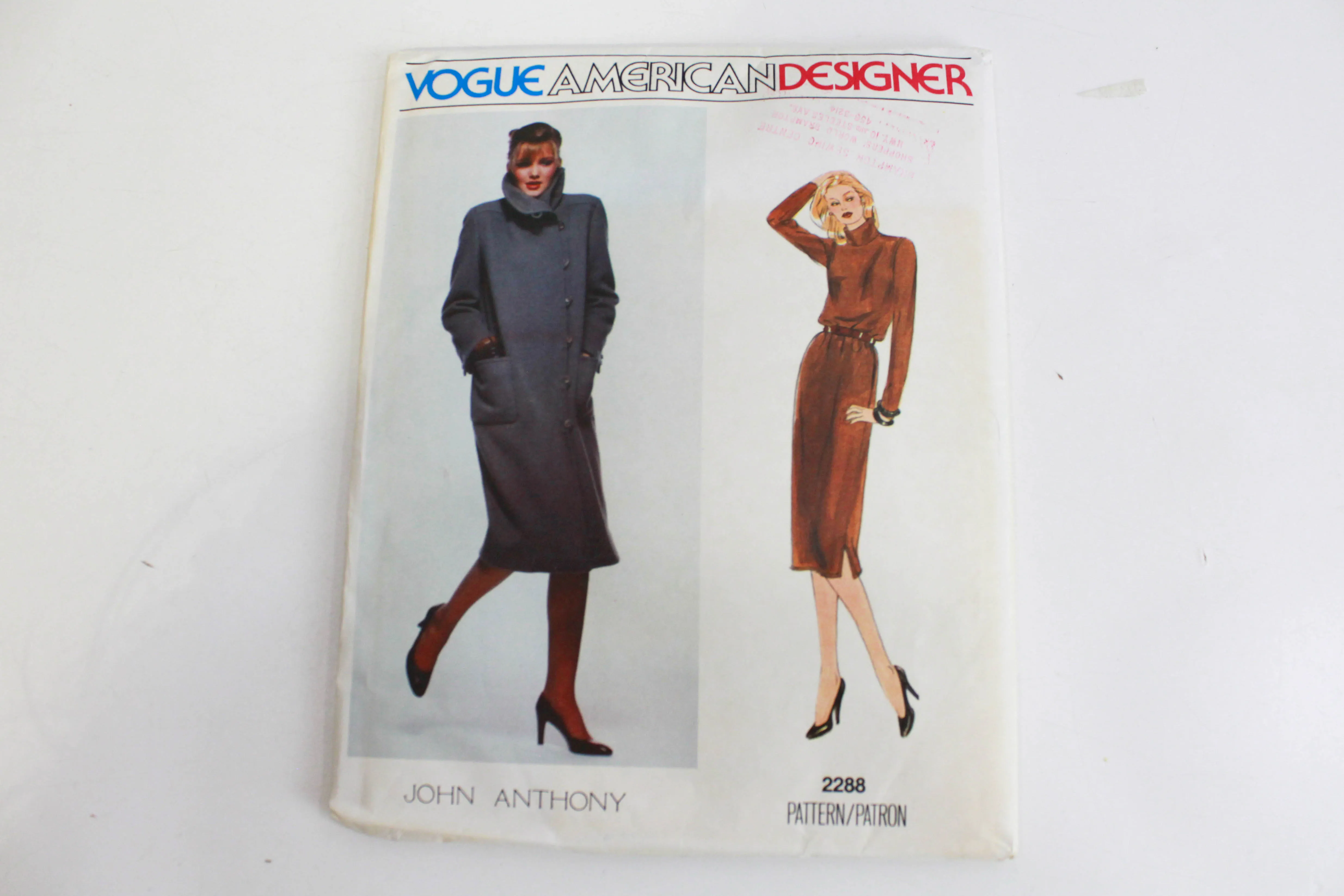 1980s Vogue American Designer Sewing Pattern 2288, John Anthony, Women's Coat and Dress, Size 8, UNCUT, Complete