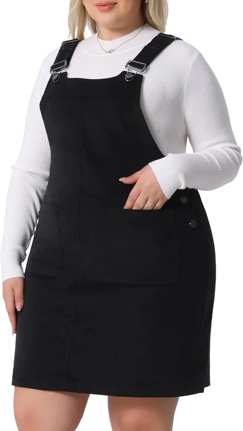 Agnes Orinda Plus Size Women's Suspender Skirt Adjustable Strap Pinafore Corduroy Overalls Dress Skirts