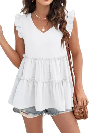 AGSEEM Womens Babydoll Tank Tops V Neck Ruffle Sleeve Pleated Peplum Shirts Summer