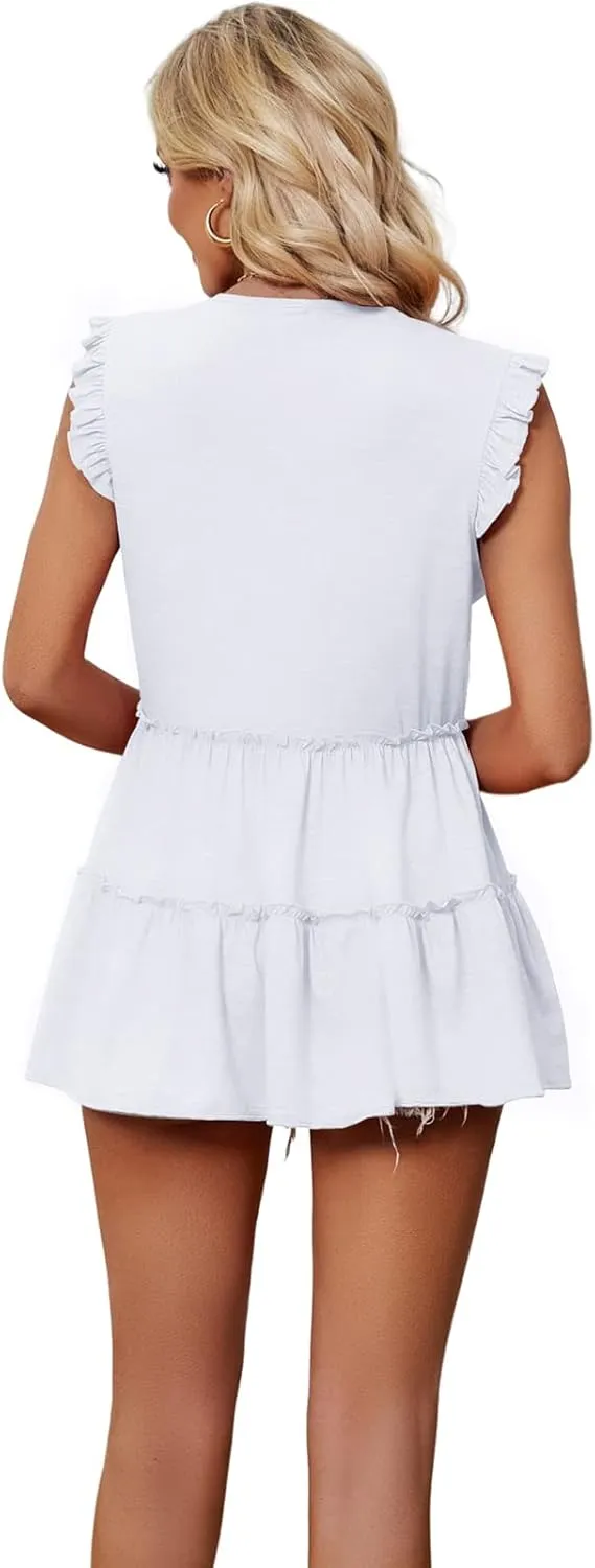 AGSEEM Womens Babydoll Tank Tops V Neck Ruffle Sleeve Pleated Peplum Shirts Summer