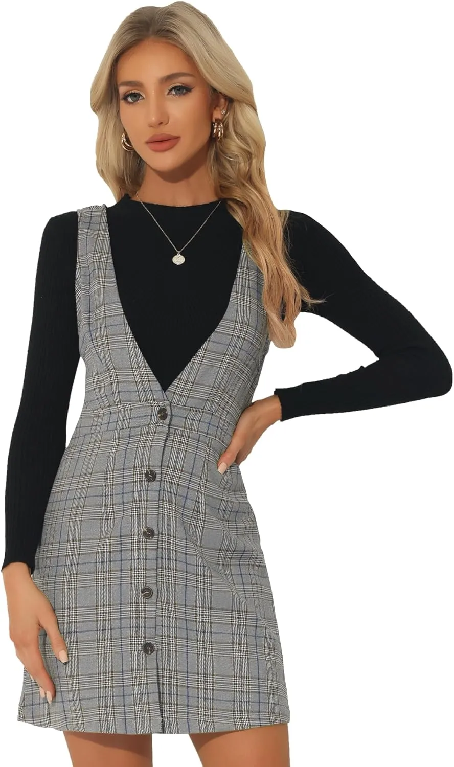 Allegra K Women's Overalls Suspenders Halloween V Neck Plaid Houndstooth Pinafore Dress