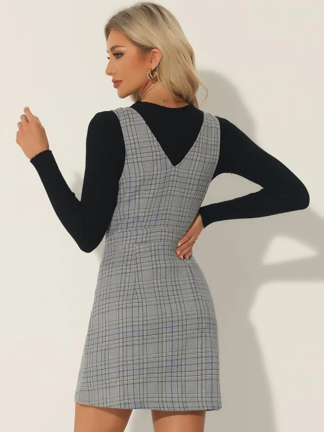 Allegra K Women's Overalls Suspenders Halloween V Neck Plaid Houndstooth Pinafore Dress