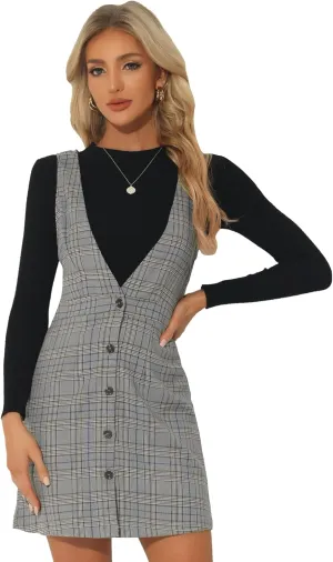 Allegra K Women's Overalls Suspenders Halloween V Neck Plaid Houndstooth Pinafore Dress