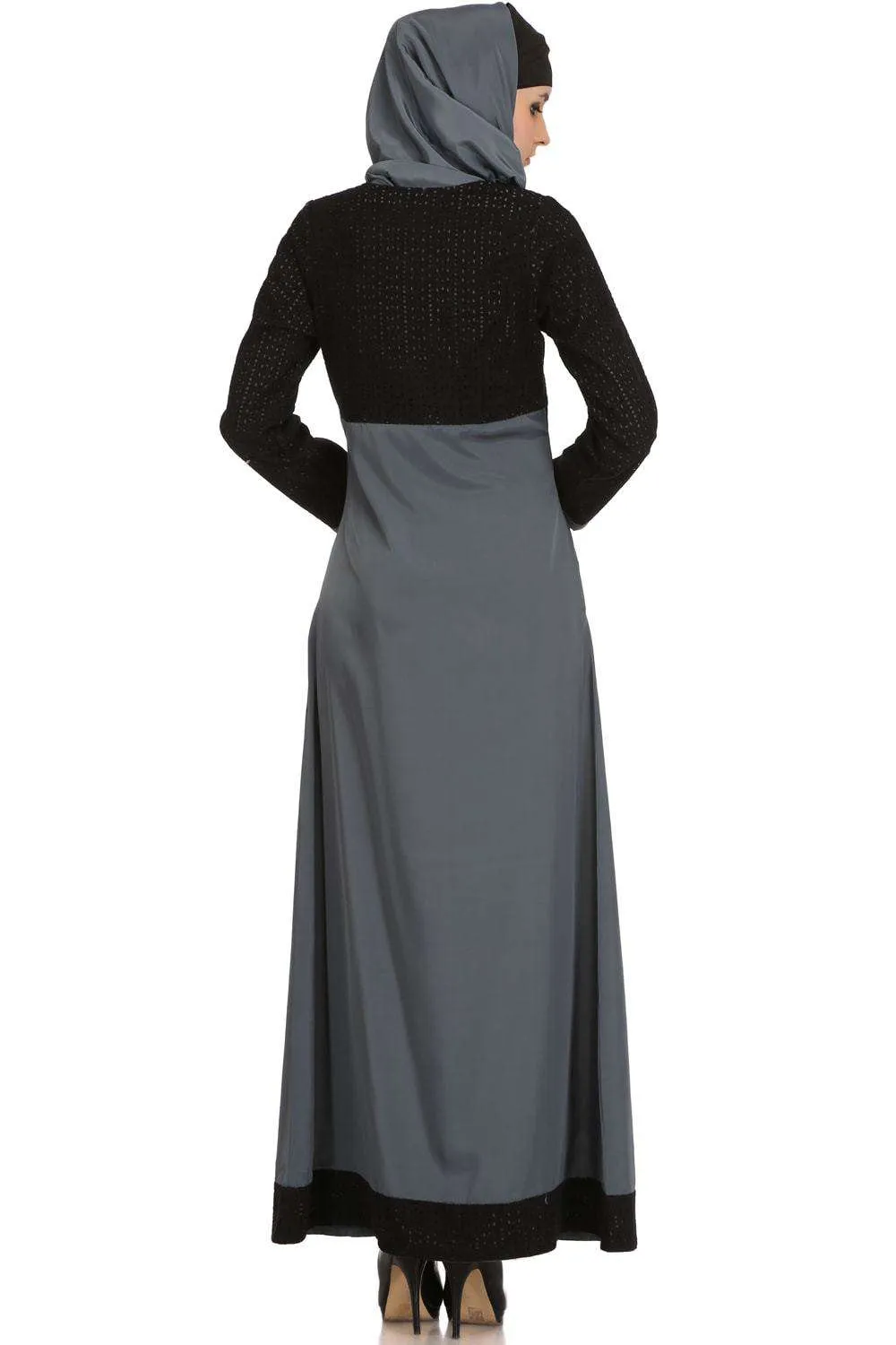 Amaya Black & Grey Schiffli & Crepe Abaya