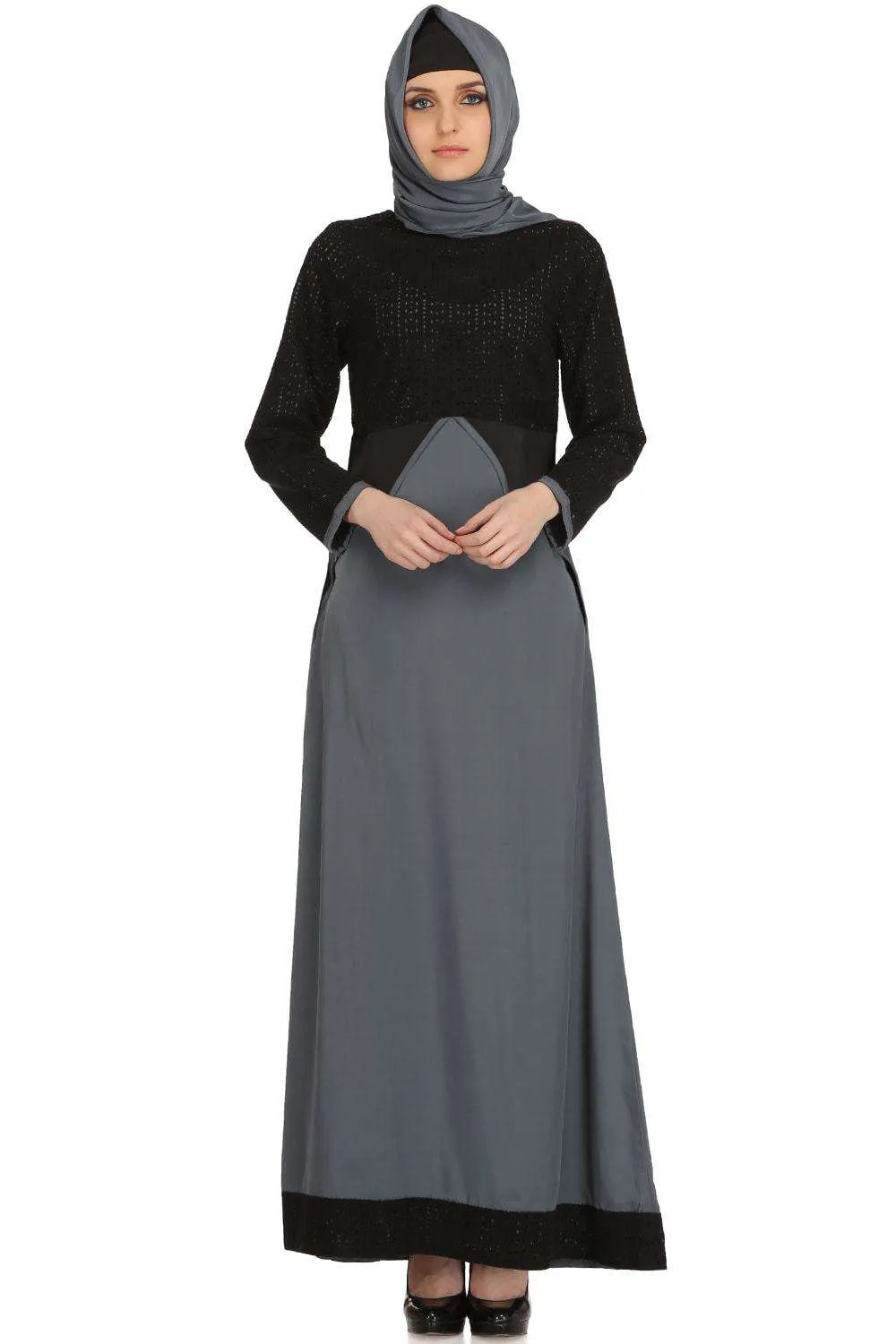 Amaya Black & Grey Schiffli & Crepe Abaya