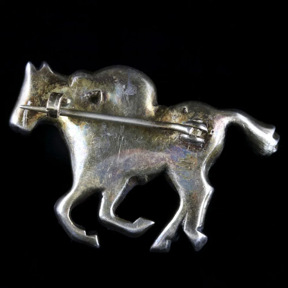 Antique Victorian Diamond Race Horse Brooch With Jockey Silver 1.35Ct Diamonds