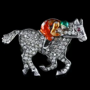 Antique Victorian Diamond Race Horse Brooch With Jockey Silver 1.35Ct Diamonds
