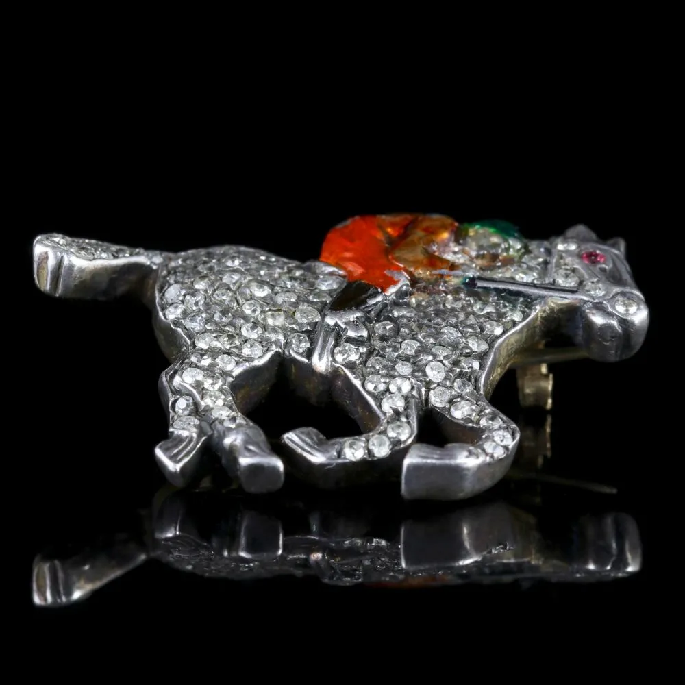 Antique Victorian Diamond Race Horse Brooch With Jockey Silver 1.35Ct Diamonds