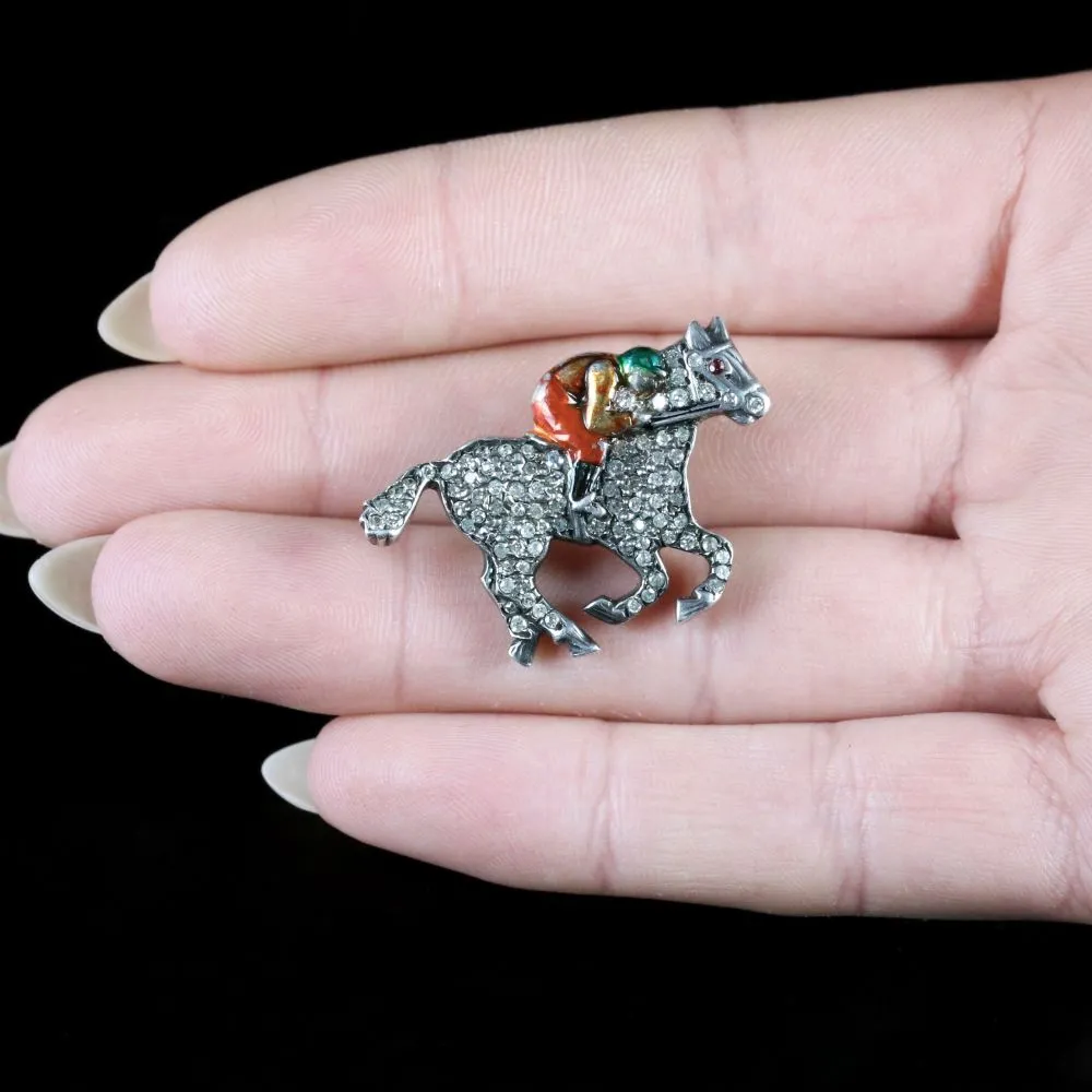 Antique Victorian Diamond Race Horse Brooch With Jockey Silver 1.35Ct Diamonds