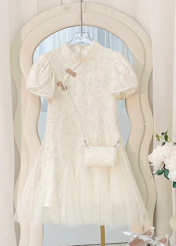 Art Beige Nail Bead Tulle Patchwork Kids Long Dress Short Sleeve MN012