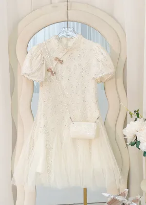 Art Beige Nail Bead Tulle Patchwork Kids Long Dress Short Sleeve MN012