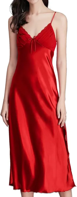 ASHER FASHION Women's Sexy Satin Long Nightgown Lace Slip Lingerie Chemise Robes