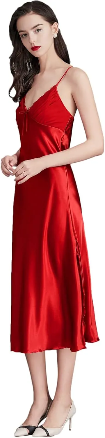 ASHER FASHION Women's Sexy Satin Long Nightgown Lace Slip Lingerie Chemise Robes