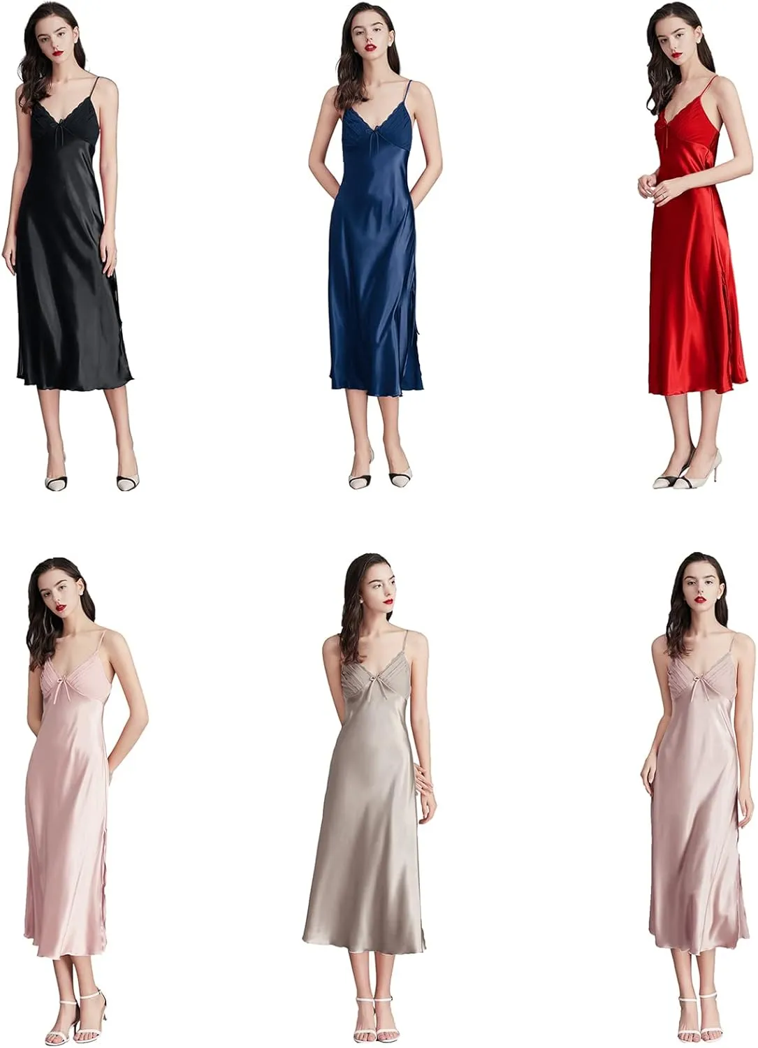 ASHER FASHION Women's Sexy Satin Long Nightgown Lace Slip Lingerie Chemise Robes