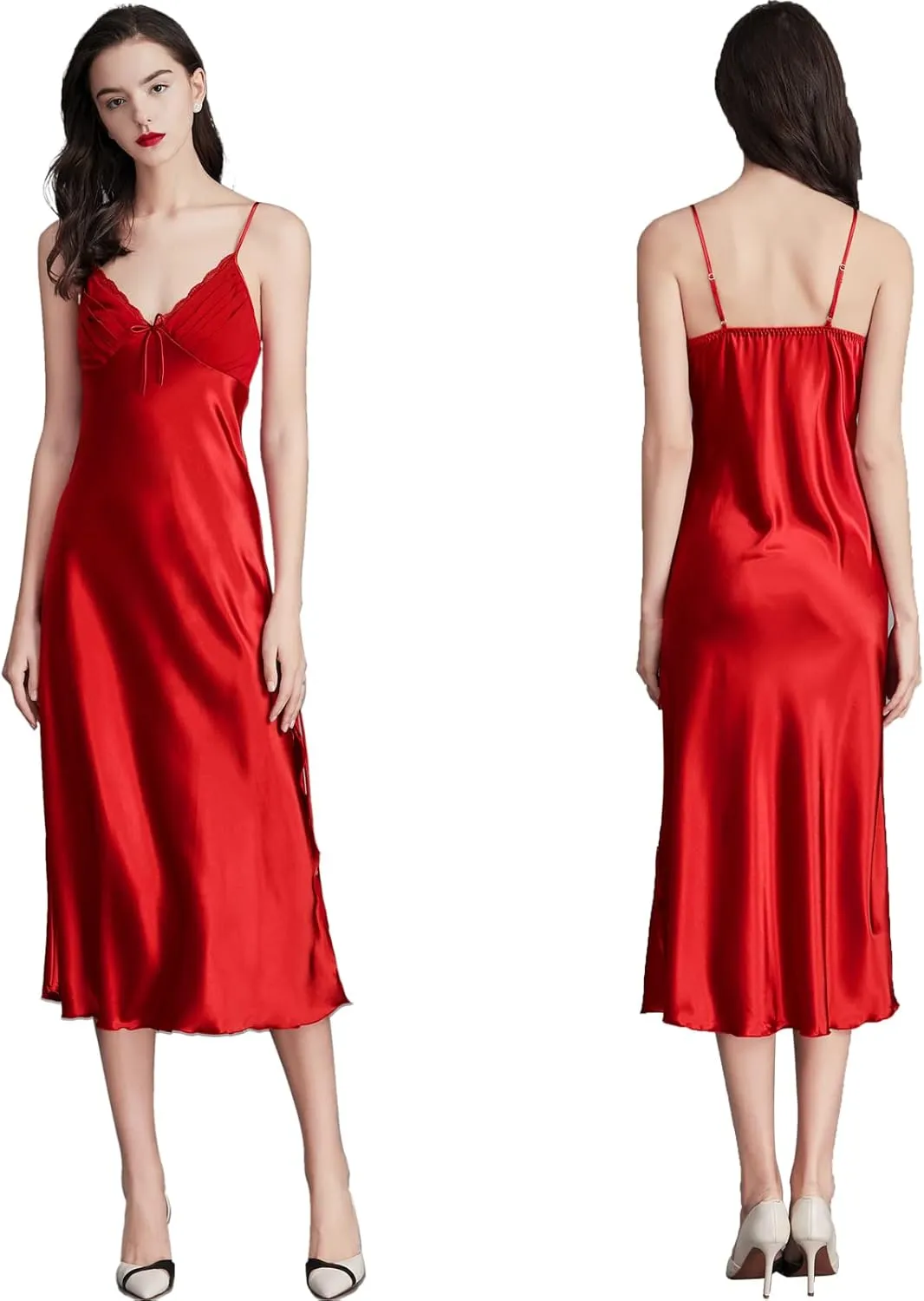ASHER FASHION Women's Sexy Satin Long Nightgown Lace Slip Lingerie Chemise Robes
