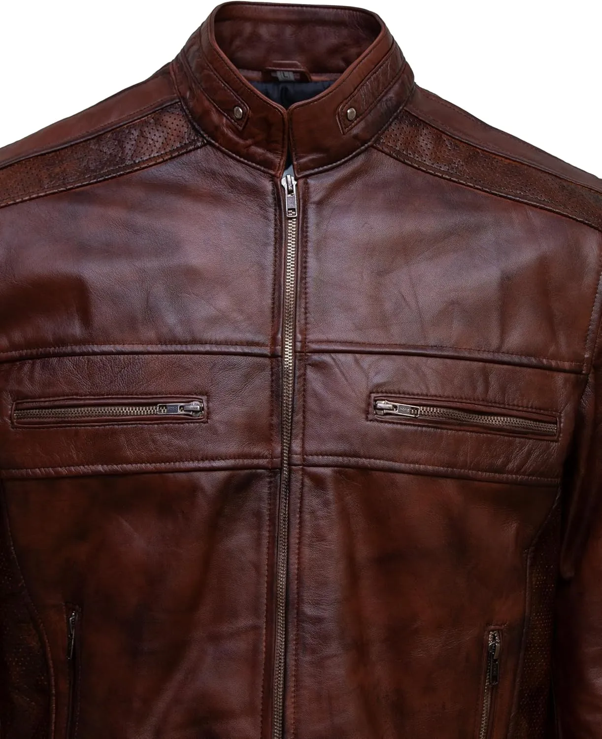 ATIKI Men's Genuine Brown leather jacket | Classic Slim Fit Leather Jacket for Men with Stand-Up Collar & Zipper Pockets