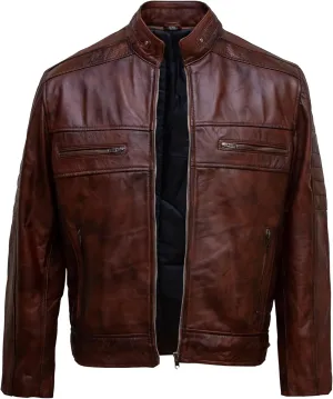 ATIKI Men's Genuine Brown leather jacket | Classic Slim Fit Leather Jacket for Men with Stand-Up Collar & Zipper Pockets