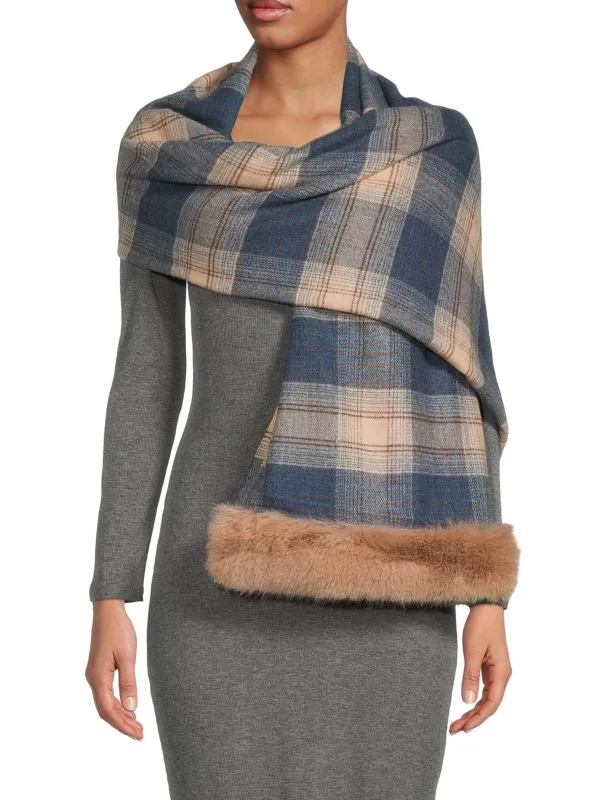 BELLE FARE checkered cape with faux fur trim, navy