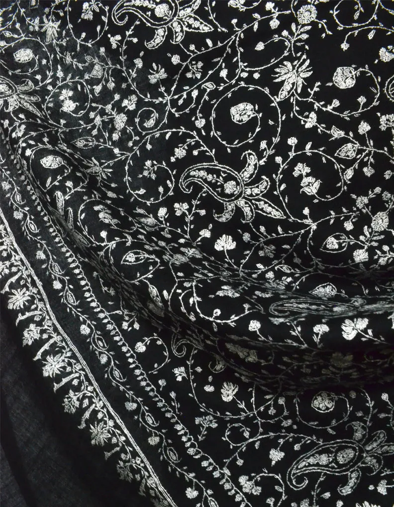 Black Pashmina Shawl With Sozni Embroidery 5716