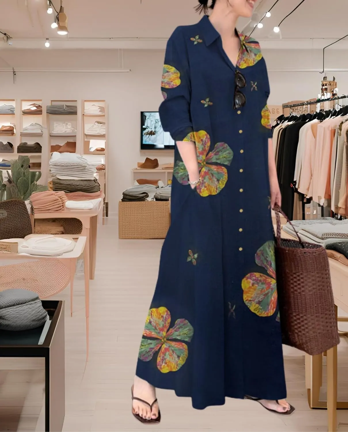 Breathable Button-Up Lapel Shirt Dress for Women-Loose Fit Long Sleeve Elegant Maxi Dress with Pockets Cotton Linen