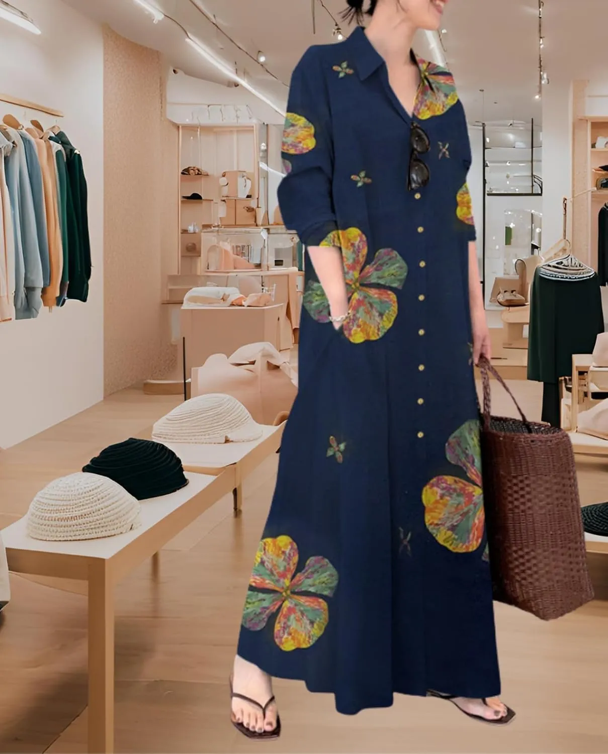 Breathable Button-Up Lapel Shirt Dress for Women-Loose Fit Long Sleeve Elegant Maxi Dress with Pockets Cotton Linen
