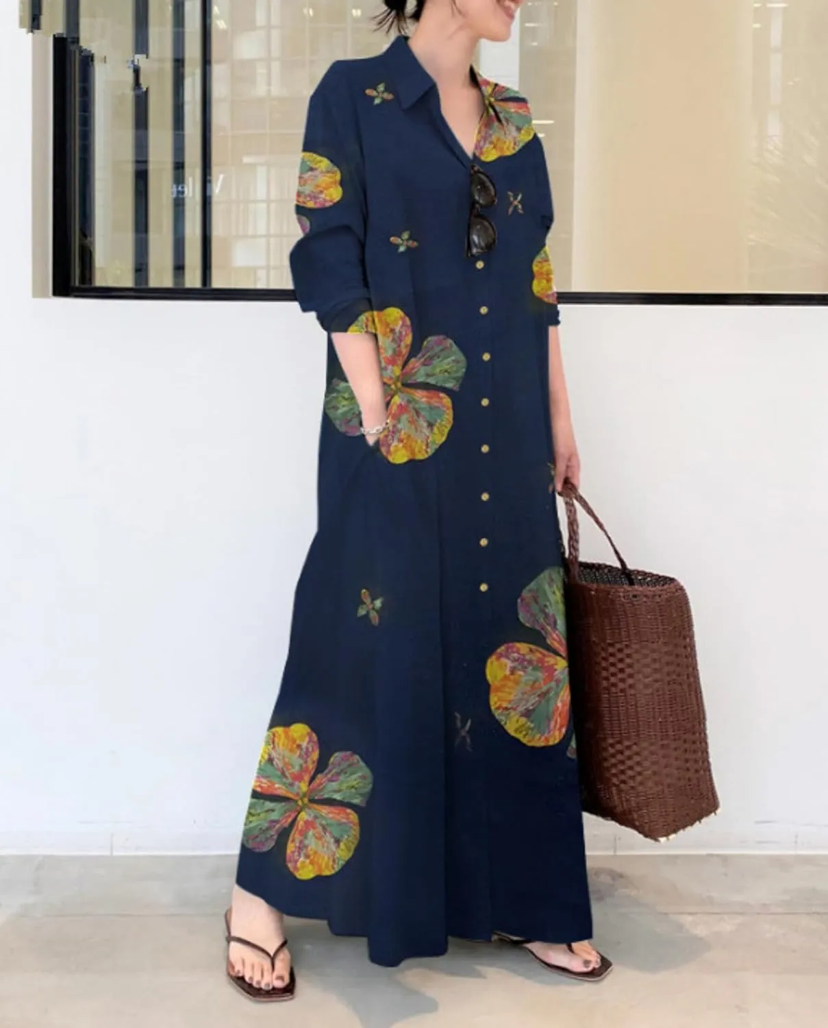 Breathable Button-Up Lapel Shirt Dress for Women-Loose Fit Long Sleeve Elegant Maxi Dress with Pockets Cotton Linen