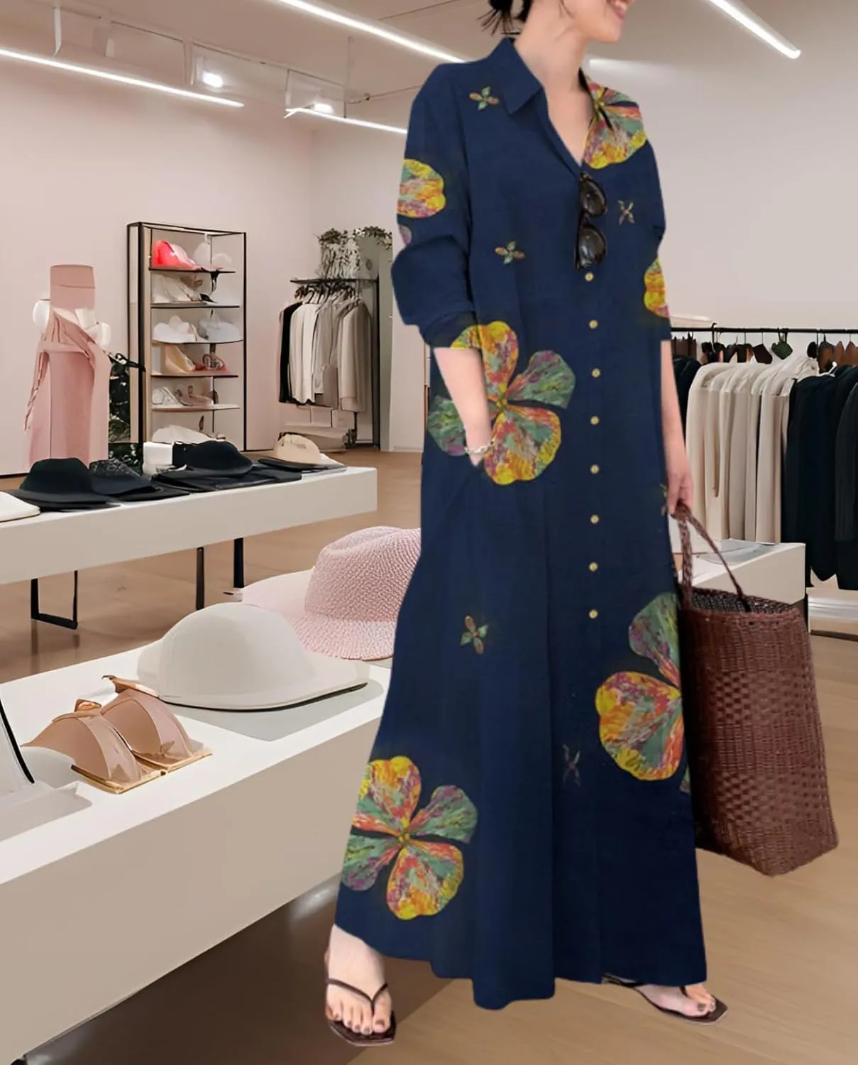 Breathable Button-Up Lapel Shirt Dress for Women-Loose Fit Long Sleeve Elegant Maxi Dress with Pockets Cotton Linen