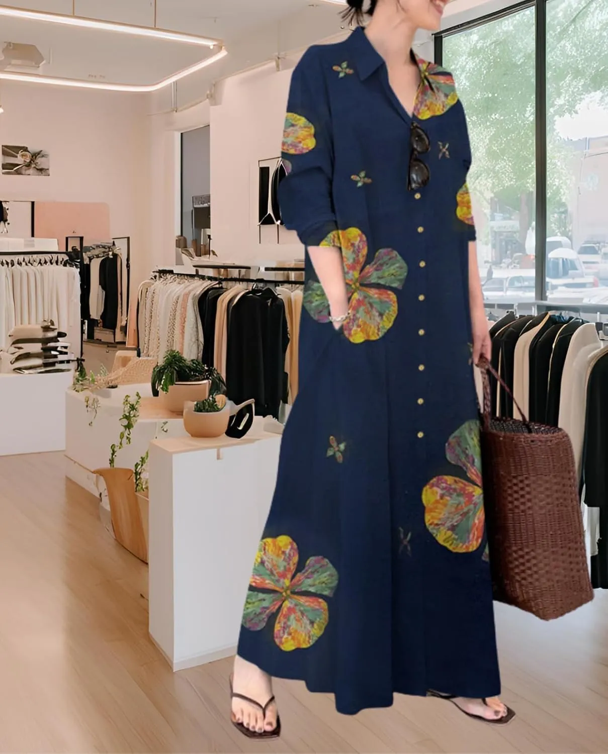 Breathable Button-Up Lapel Shirt Dress for Women-Loose Fit Long Sleeve Elegant Maxi Dress with Pockets Cotton Linen