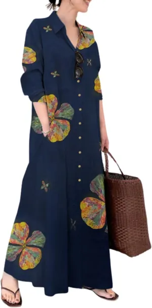 Breathable Button-Up Lapel Shirt Dress for Women-Loose Fit Long Sleeve Elegant Maxi Dress with Pockets Cotton Linen