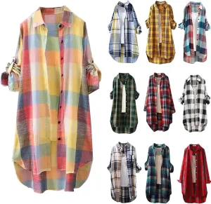 Cardigans for Women 2025 Plus Size Fall Fashion Open Front Roll Up Sleeve Button Down Plaid Shirts Casual Loose Tops