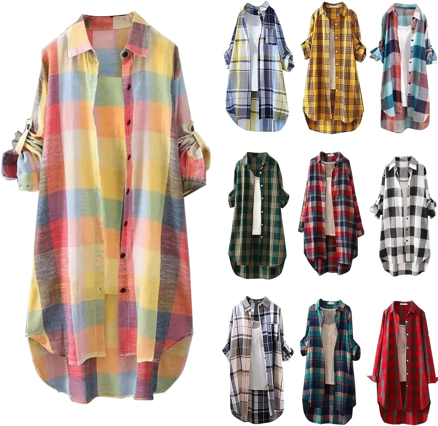 Cardigans for Women 2025 Plus Size Fall Fashion Open Front Roll Up Sleeve Button Down Plaid Shirts Casual Loose Tops
