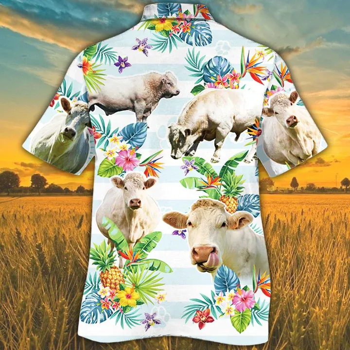 Charolais Cattle Hawaiian shirts for men, women, Cow Lovers Tropical Flower Hawaiian Shirt