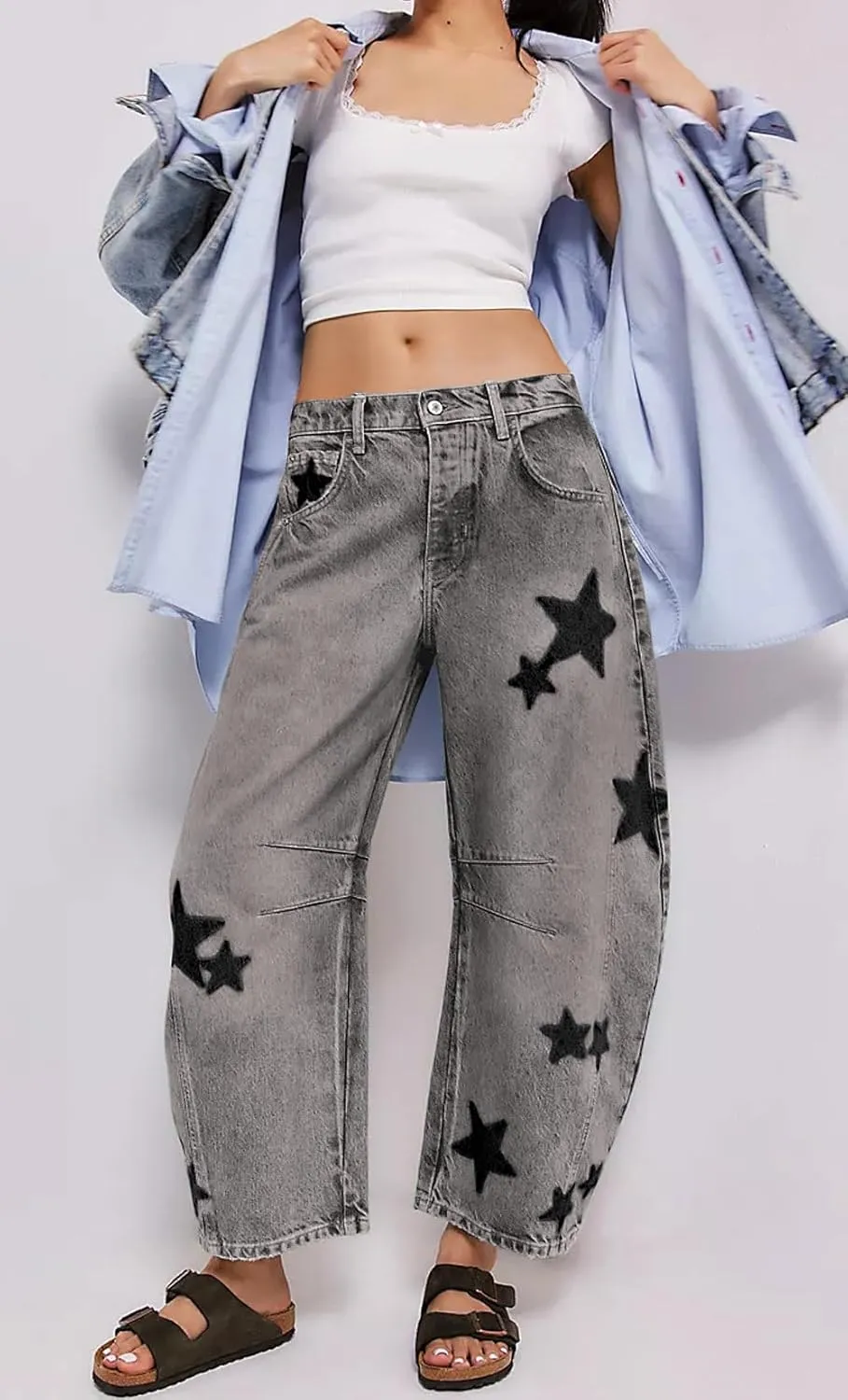 CHARTOU Y2k Barrel Jeans Women Wide Leg Baggy Distressed Printed Boyfriend Horseshoe Denim Pants