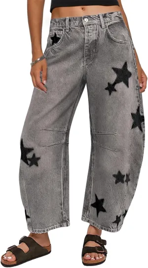 CHARTOU Y2k Barrel Jeans Women Wide Leg Baggy Distressed Printed Boyfriend Horseshoe Denim Pants