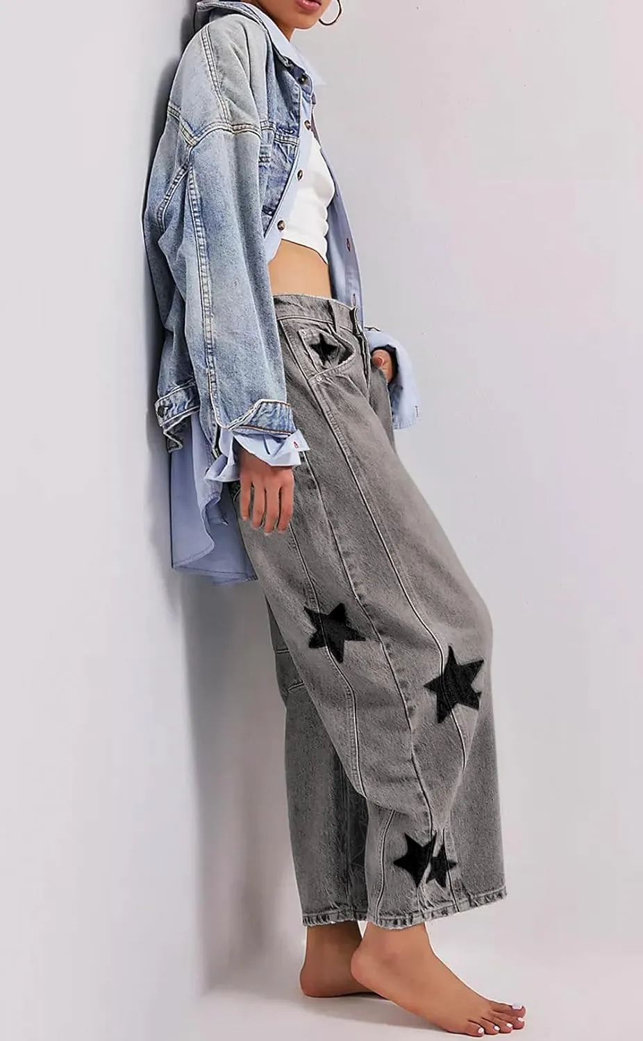 CHARTOU Y2k Barrel Jeans Women Wide Leg Baggy Distressed Printed Boyfriend Horseshoe Denim Pants
