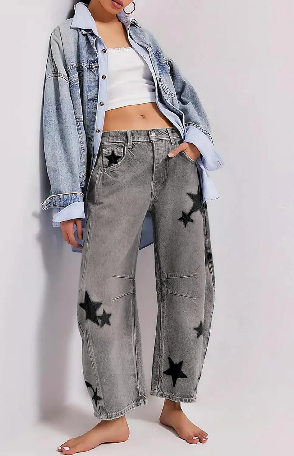 CHARTOU Y2k Barrel Jeans Women Wide Leg Baggy Distressed Printed Boyfriend Horseshoe Denim Pants