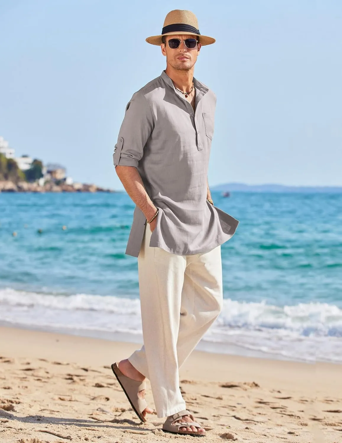 COOFANDY Men's Linen Henley Shirts Long Sleeve Collarless T-Shirts Longline Kurta Beach Shirts with Pocket