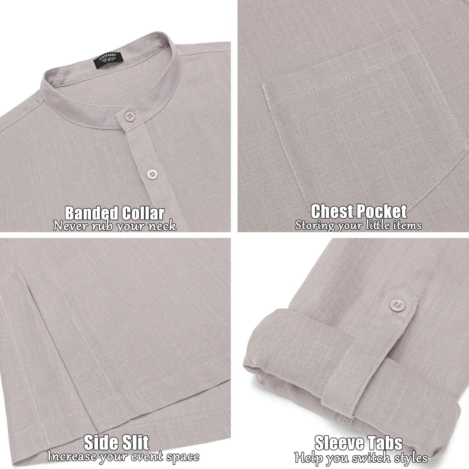 COOFANDY Men's Linen Henley Shirts Long Sleeve Collarless T-Shirts Longline Kurta Beach Shirts with Pocket