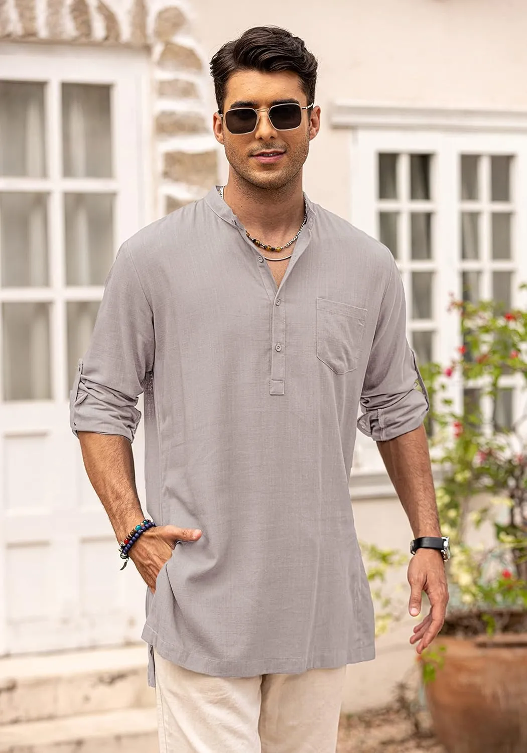 COOFANDY Men's Linen Henley Shirts Long Sleeve Collarless T-Shirts Longline Kurta Beach Shirts with Pocket