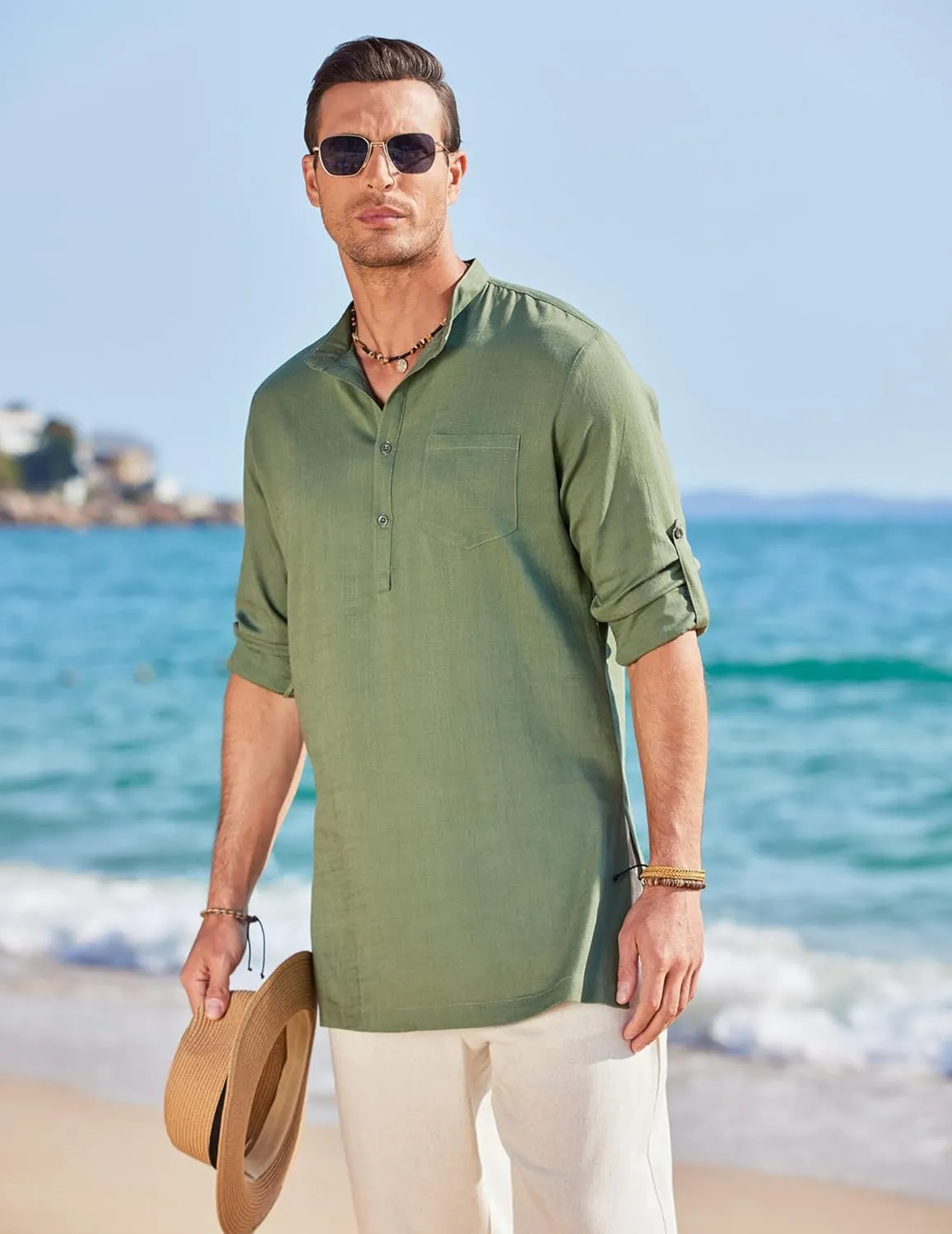 COOFANDY Men's Linen Henley Shirts Long Sleeve Collarless T-Shirts Longline Kurta Beach Shirts with Pocket