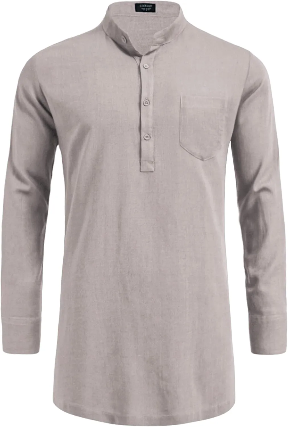 COOFANDY Men's Linen Henley Shirts Long Sleeve Collarless T-Shirts Longline Kurta Beach Shirts with Pocket
