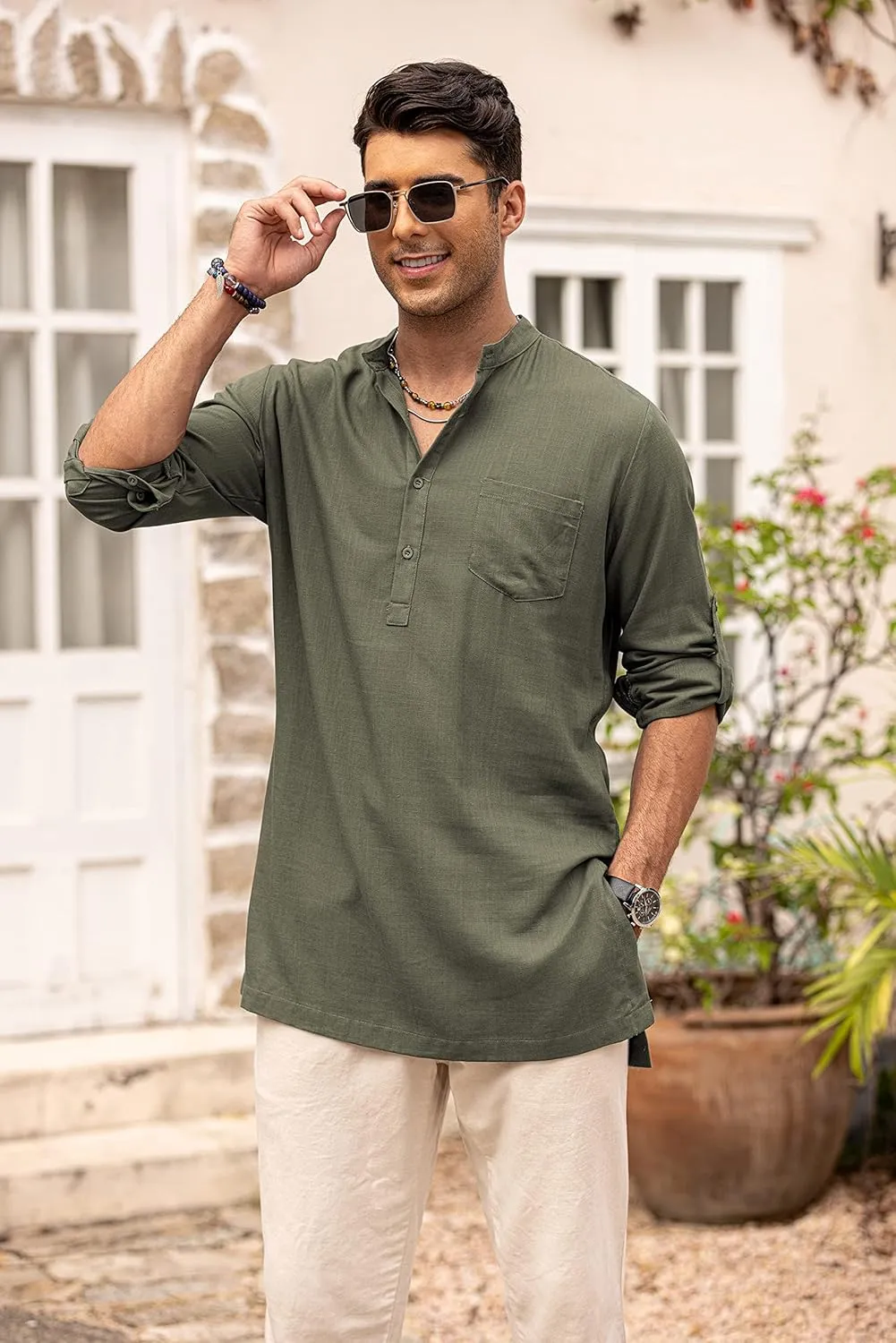 COOFANDY Men's Linen Henley Shirts Long Sleeve Collarless T-Shirts Longline Kurta Beach Shirts with Pocket