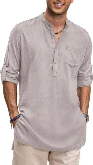 COOFANDY Men's Linen Henley Shirts Long Sleeve Collarless T-Shirts Longline Kurta Beach Shirts with Pocket