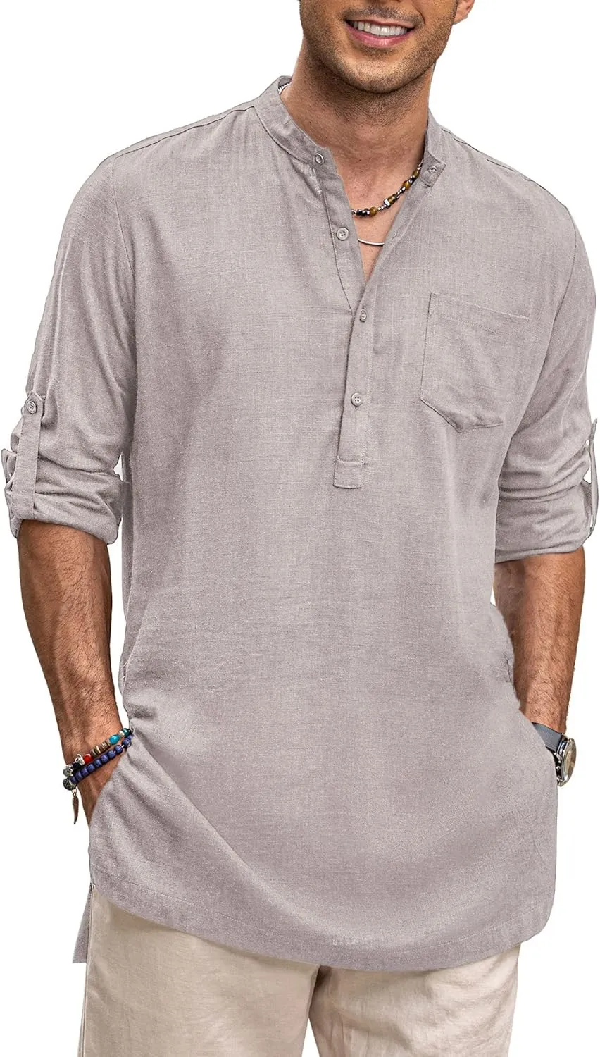 COOFANDY Men's Linen Henley Shirts Long Sleeve Collarless T-Shirts Longline Kurta Beach Shirts with Pocket