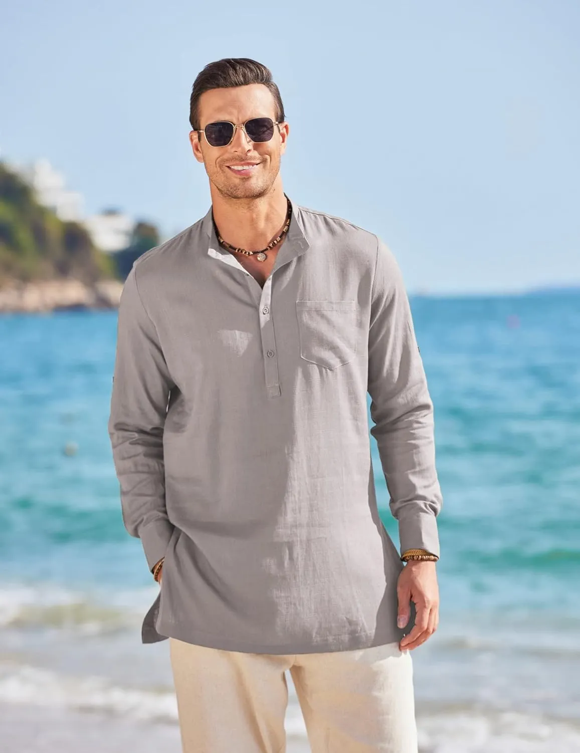 COOFANDY Men's Linen Henley Shirts Long Sleeve Collarless T-Shirts Longline Kurta Beach Shirts with Pocket