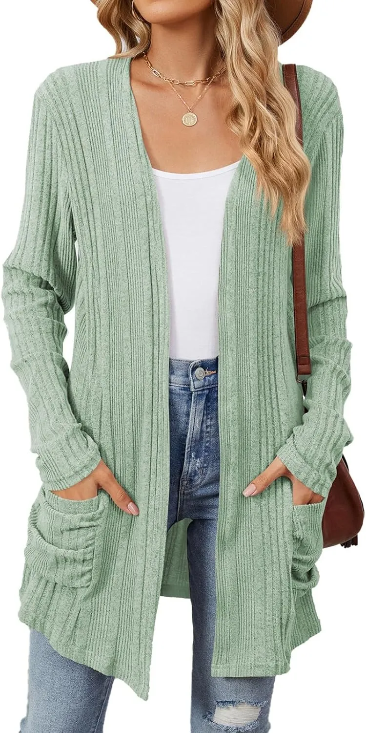 COTECRAM Women's Open Front Cardigan Sweaters with Pockets 2024 Fall Lightweight Long Sleeve Knit Long Cardigans Casual Coat