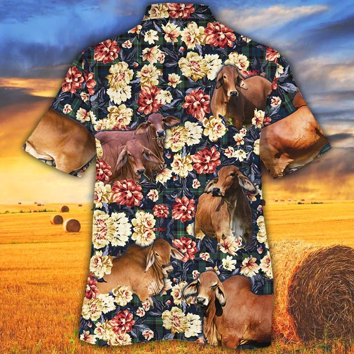 Cow Hawaiian shirt, Farm Hawaiian shirt, Summer Hawaiian shirt, Red Brahman Green Plaid Pattern Hawaiian Shirt