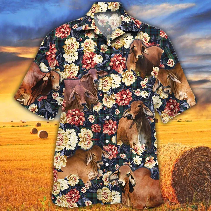 Cow Hawaiian shirt, Farm Hawaiian shirt, Summer Hawaiian shirt, Red Brahman Green Plaid Pattern Hawaiian Shirt
